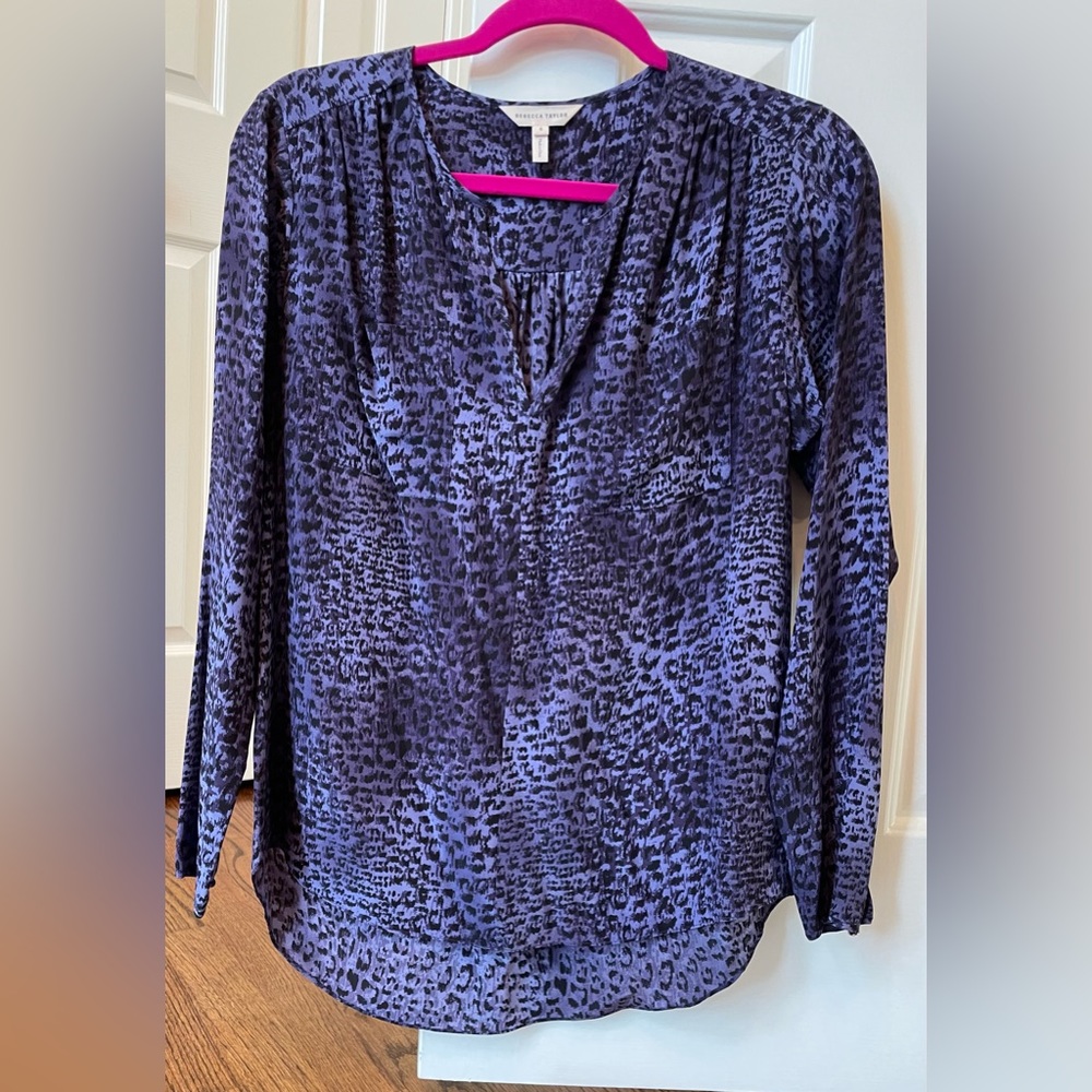 Rebecca Taylor Purple/Black Animal Print Silk Blouse Size 6. Like New